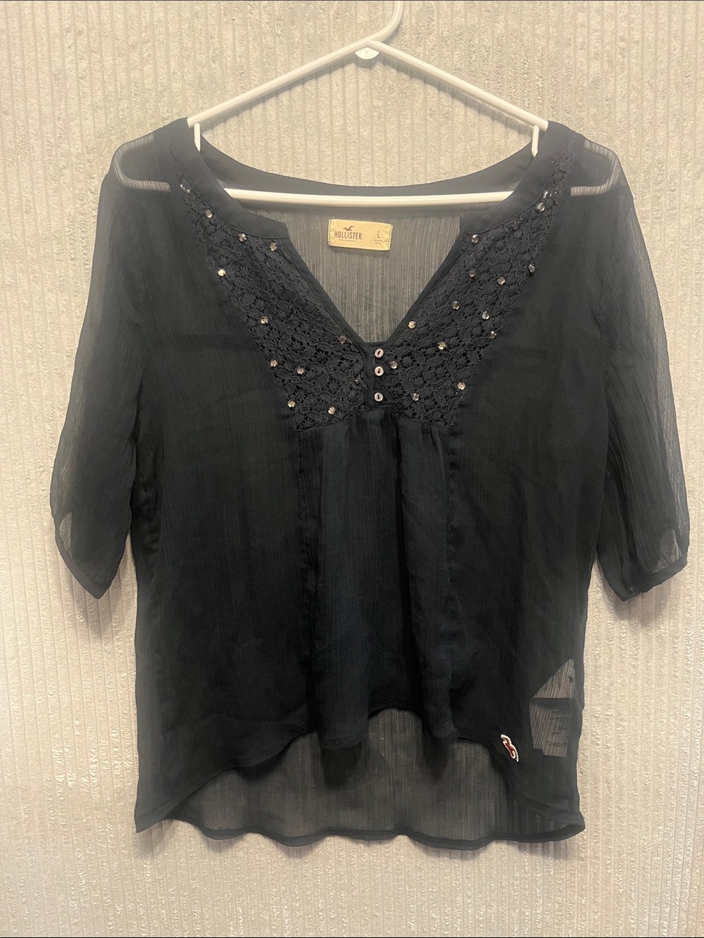 Hollister Dark Navy Crochet V-Neck Peasant Blouse Large